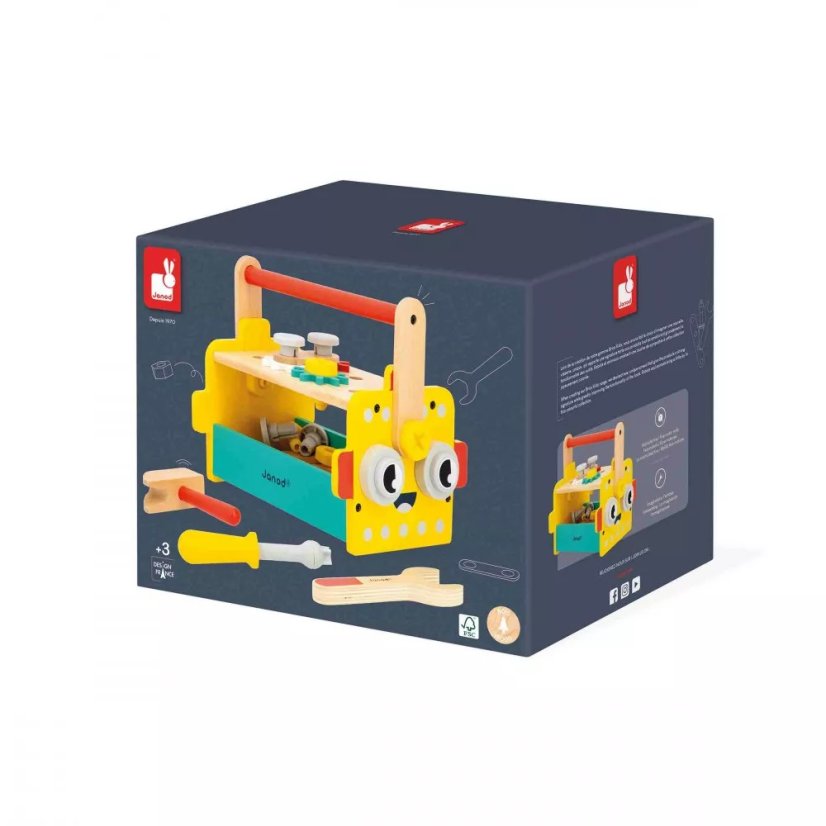 Janod BricoKids Drevené náradie a stavebnica v prenosnom boxe Robot 30 ks