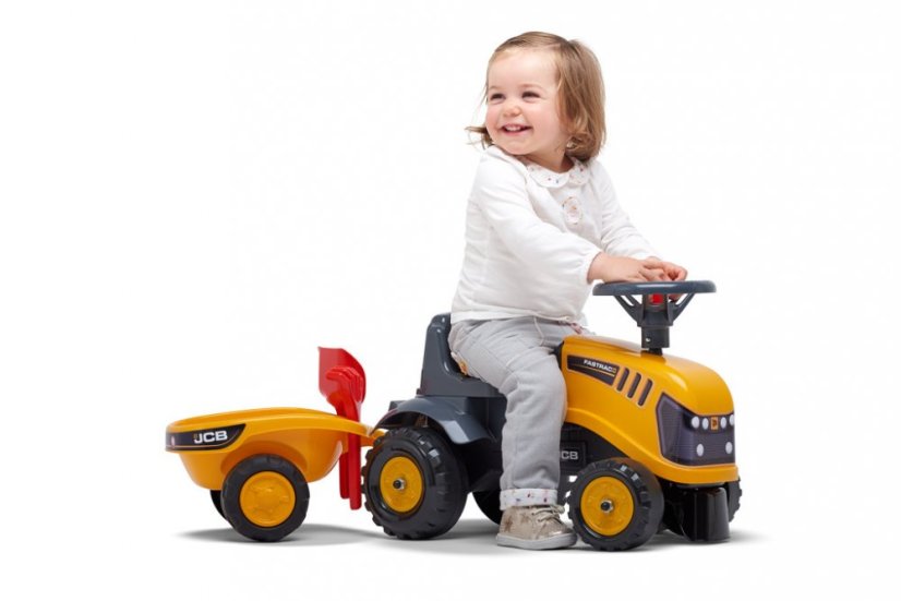Falk Odrážedlo 215C Baby JCB žluté s vlečkou a lopatkou s hráběmi