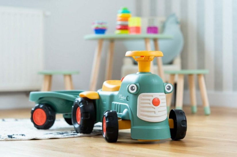 Odrážedlo Falk traktor baby Maurice zelený vintage s přívěsem