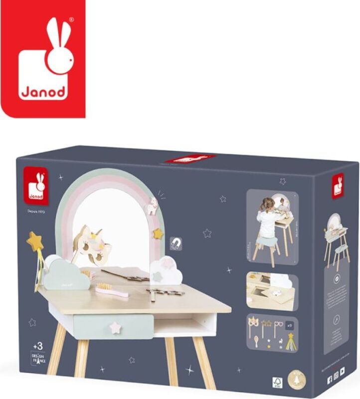 Janod Jednorožec Dřevěný kosmetický stolek se židlí