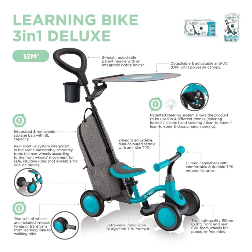Globber odrážedlo 3v1 Deluxe - Learning Bike 3in1 Deluxe - Ash Blue