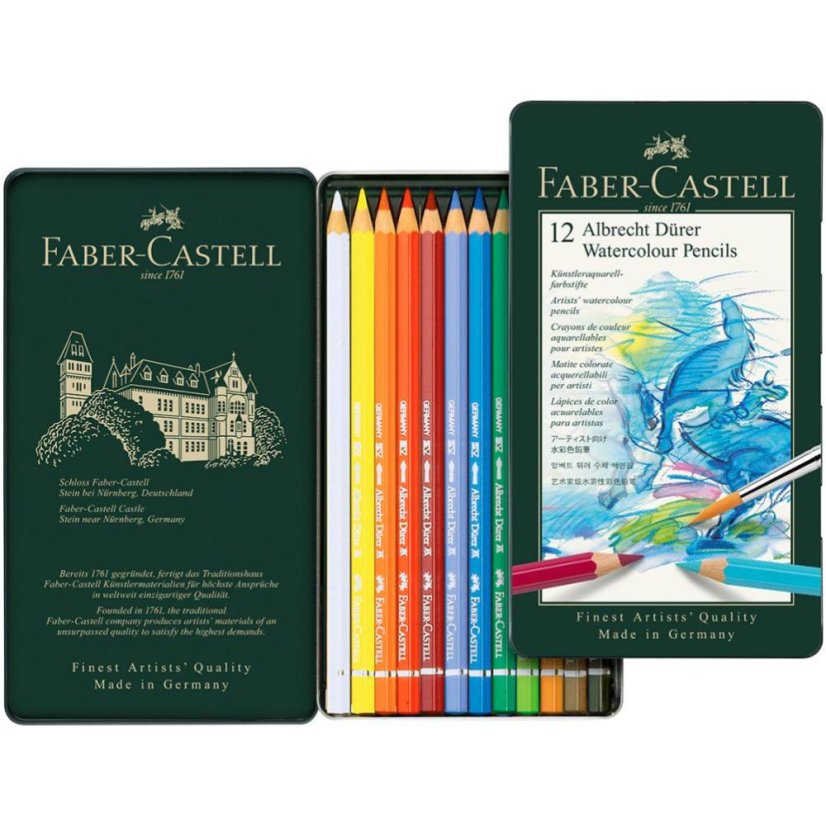 Akvarelové pastelky Faber-Castell Albrecht Dürer – sada 12 ks v plechové kazetě