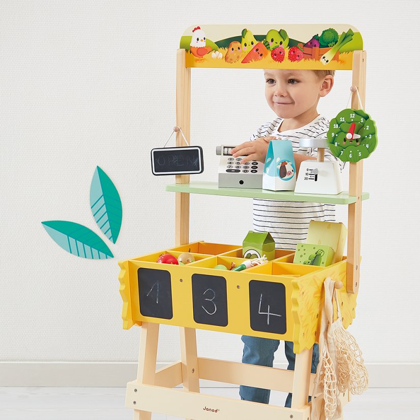 Janod Farm Dřevěný obchod Farma s pokladnou, váhou, ovocem a zeleninou