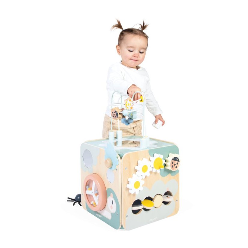 Janod Sweet Cocoon Drevená didaktická kocka s motorickým labyrintom MultiActivity Záhrada