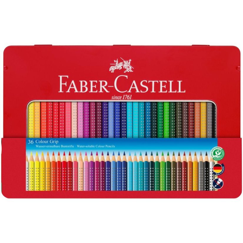 Akvarelové pastelky Faber-Castell Colour Grip, 36 farieb v plechovej krabičke