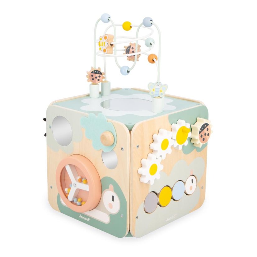 Janod Sweet Cocoon Drevená didaktická kocka s motorickým labyrintom MultiActivity Záhrada