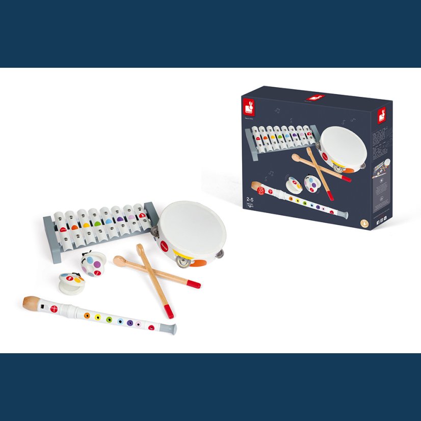 Janod Dřevěná sada hudební nástroje Confetti flétna-tamburína-xylofon-kastaněty
