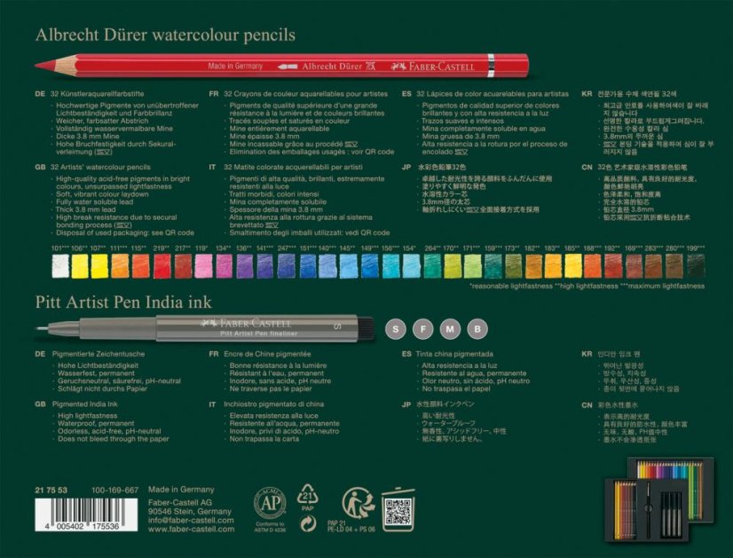 Akvarelové pastelky Faber-Castell A. Dürer a Pitt Artist Pen – sada 37 ks