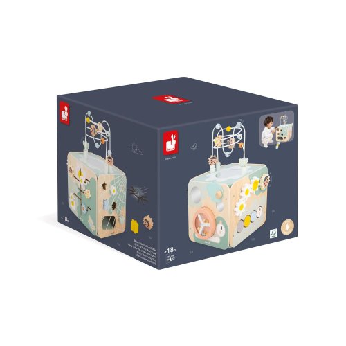 Janod Sweet Cocoon Dřevěná didaktická kostka s motorickým labyrintem MultiActivity Zahrada