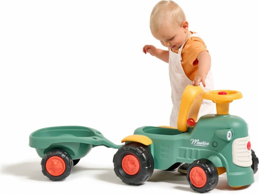 Odrážedlo Falk traktor baby Maurice zelený vintage s přívěsem