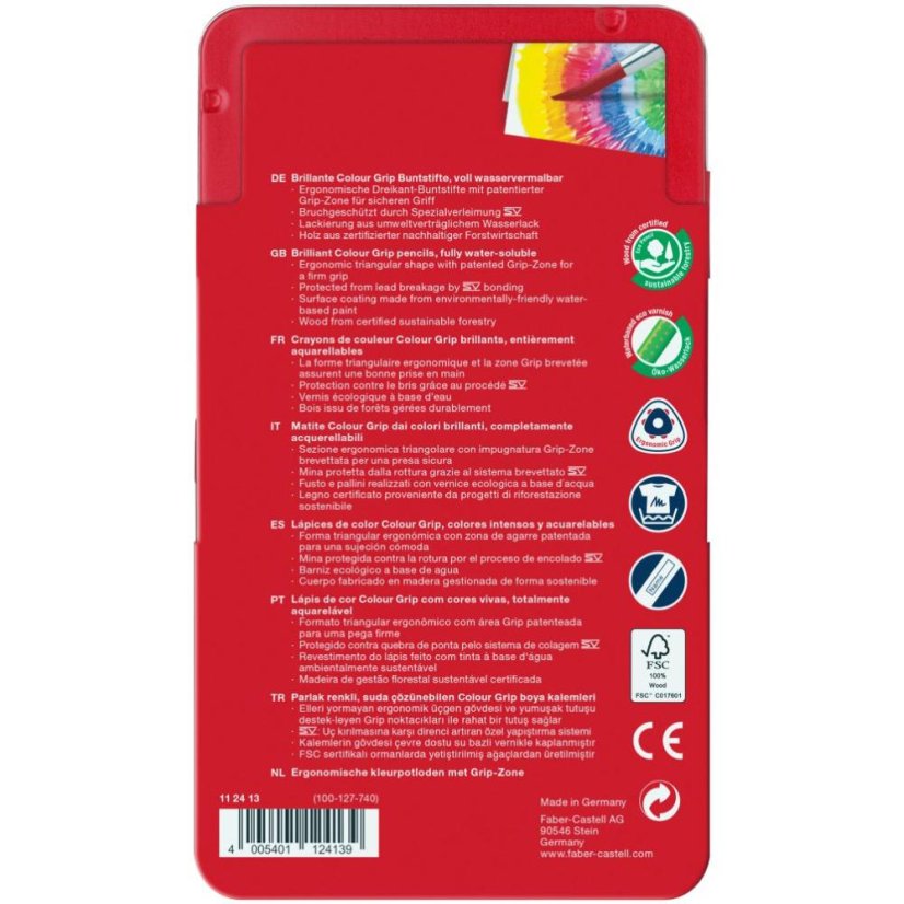 Akvarelové pastelky Faber-Castell Colour Grip, 12 barev v plechové krabičce