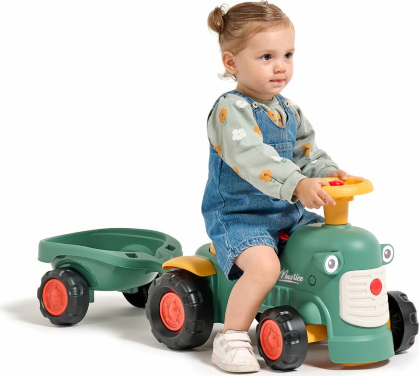 Odrážedlo Falk traktor baby Maurice zelený vintage s přívěsem