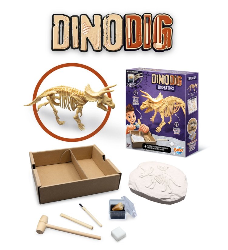 Dinodig vykopávka a kostra Triceratops