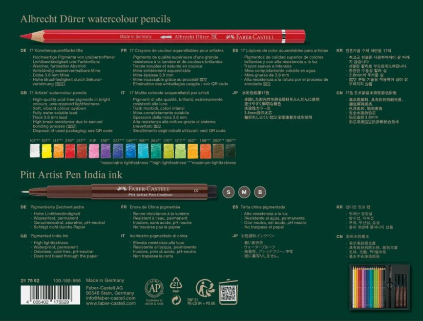 Akvarelové pastelky Faber-Castell A. Dürer a Pitt Artist Pen – sada 21 ks