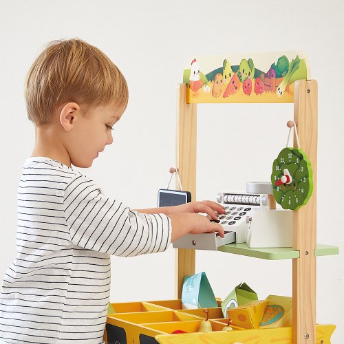 Janod Farm Dřevěný obchod Farma s pokladnou, váhou, ovocem a zeleninou