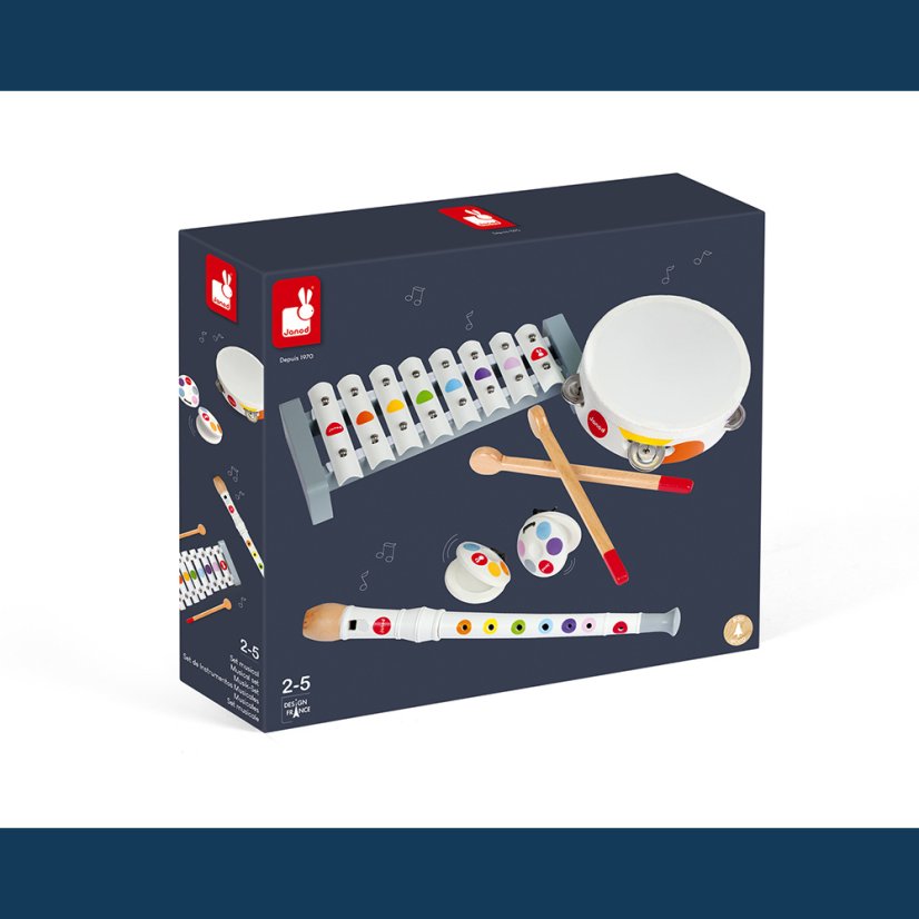 Janod Dřevěná sada hudební nástroje Confetti flétna-tamburína-xylofon-kastaněty