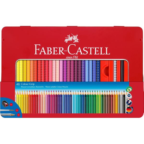 Akvarelové pastelky Faber-Castell Colour Grip, sada 48 barev v plechové krabičce