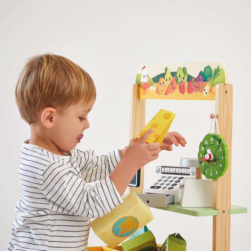 Janod Farm Dřevěný obchod Farma s pokladnou, váhou, ovocem a zeleninou